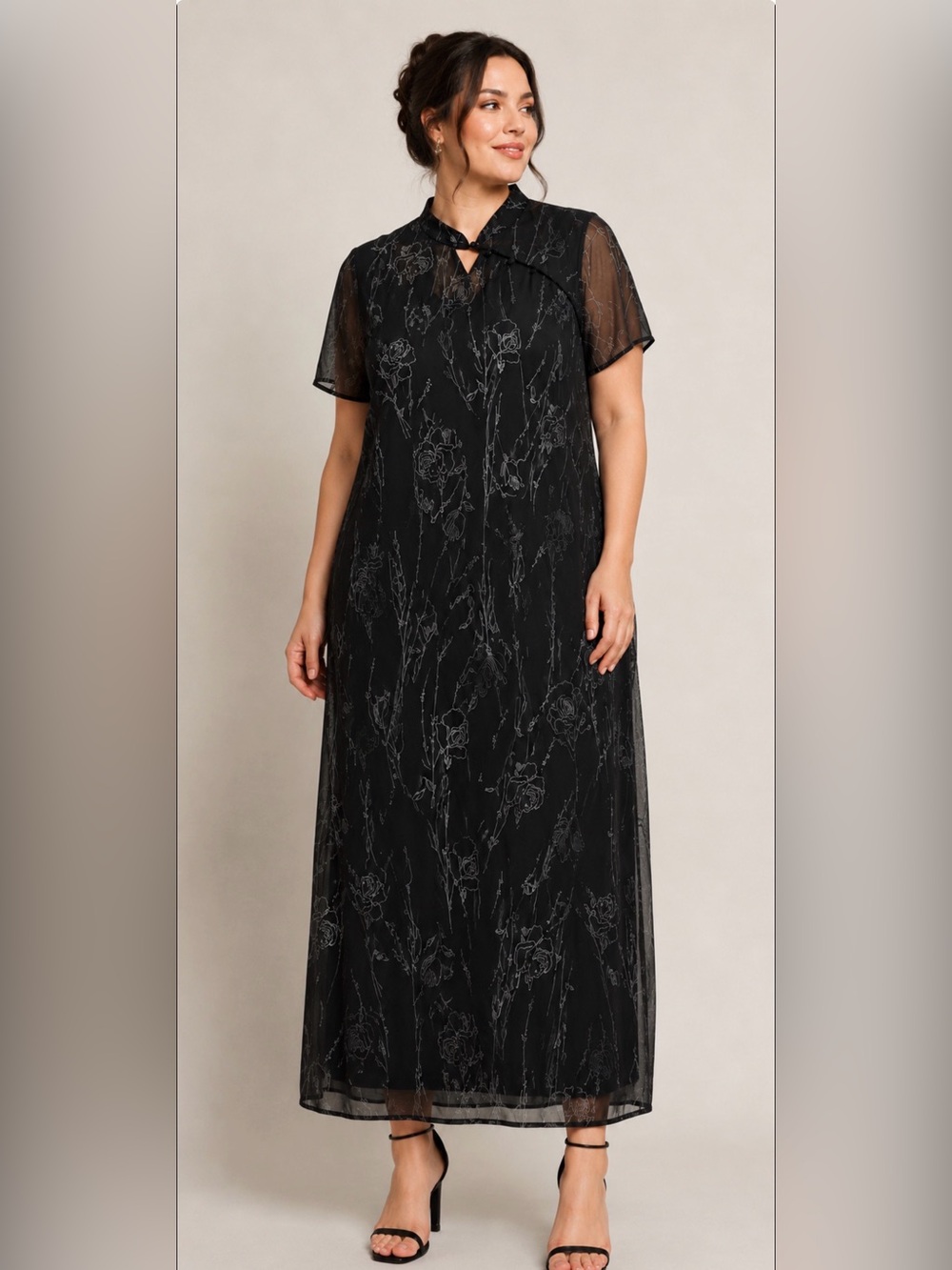 Vintage Arianna by Rachel Kaye Black Silver Floral Maxi Dress and Slip Approx 16